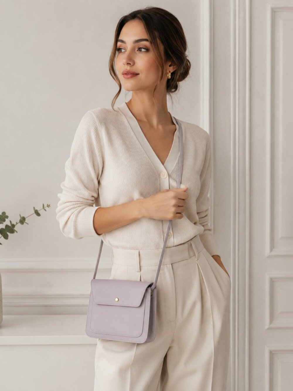 Lavender Vegan Crossbody Bag Minimalist Snap Closure